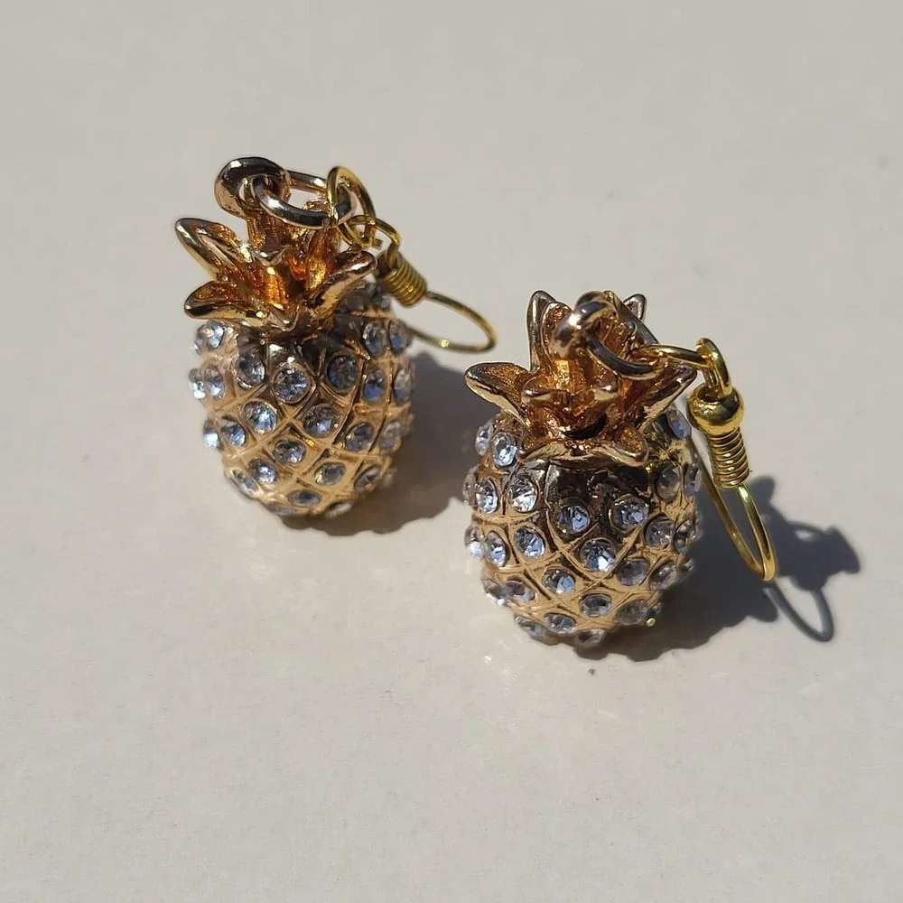 Gold Tone Rhinestone Pineapple Drop Earrings Gold Tropical Kitsch Dangle